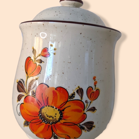 Vintage Poppy Valencia 2 Stoneware Canisters Orange Flowers japan - Picture 2 of 8